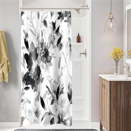 MAYZUS Small Stall Shower Curtain 36 x 72 Inch, Half Narrow Watercolor Floral Fabric Shower Curtain, Black and White Modern Abstract Flower Bathroom Shower Curtain Set with Hooks