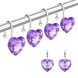 Yapicoco Shower Curtain Hooks Rings for Bathroom, 12PCS Heart Stainless Steel Rust Resistant Decorative Rhinestones Shower Curtain Rings Hangers for Shower Curtains (Single Hook Purple)