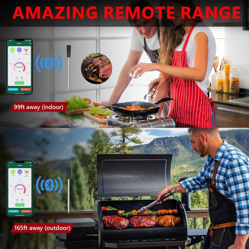 Wireless Meat Thermometer, Smart Bluetooth Meat Thermometer with 165ft Wireless