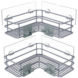 Nieifi Adhesive Corner Shower Caddy Shelf Basket Rack with Hooks, Rust Proof Stainless Steel Bathroom Shelf Shampoo Holder No Drilling (Gray)