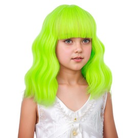 DUDUWIG Child Lime Green Wig Kid Short Neon Green Wavy Curly Wig Girls Wigs with Air Bangs Heat Resistant Synthetic Wigs with Cap