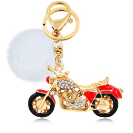 Tobestu Motorcycle Key Chain Crystal Rhinestone Keyring Alloy Metal Car Bag Phone Purse Decoration with Pom Pompom Ball Y2219 (Red)