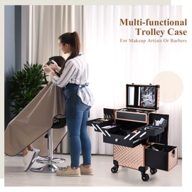 Adazzo Professional Makeup Artist Rolling Train Case Multi-functional Cosmetic Train Case Large Trolley Storage Case for Nail Technicians Cosmetology Case for Hairstylist Rose Gold