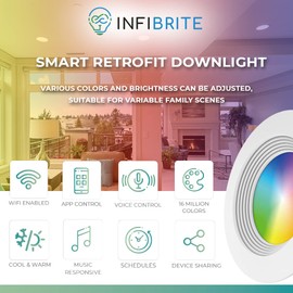 INFIBRITE 5 & 6 Inch Smart Recessed, Color Changing and Tunable White, WiFi Retrofit LED Downlight E26 Base, Compatible with Alexa Google, Dimmable, 1100LM, CRI90, RGBCW, Wet Rated,(IB-004-1-12W-WH)