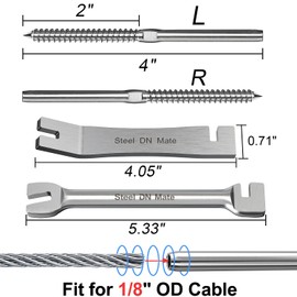 Steel DN Mate T316 Stainless Steel Right&Left Handed Thread Swage Lag Screws for Wood Post of 1/8" Cable Railing Kit, 6 Pack Deck Railing Hardware/Stair Deck Railing, DIY Wood Baluster Kit DM03
