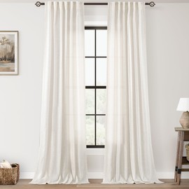 Jolilight 96 inch Long Linen Curtains 2 Panels for Living Room Back Tab Cream Ivory Light Filtering Semi Sheer Curtain 96 inches Long Boho Farmhouse Linen Drapes Floor to Ceiling Length 8 FT 42x96