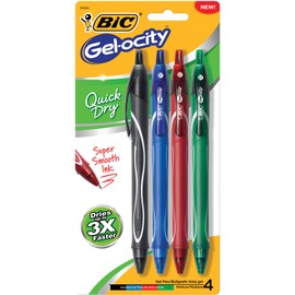 BIC Gelocity Quick Dry Retractable Gel Pens, Medium Point (0.7mm), Assorted Colors, Retractable Gel Pens with Comfortable Full Grip, 4-Count Pack