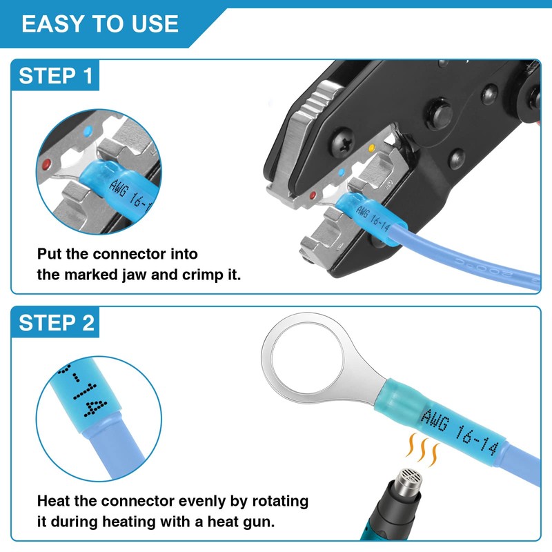 Plustool Crimping Tool for Heat Shrink Connectors AWG22-10, Ratcheting Wire