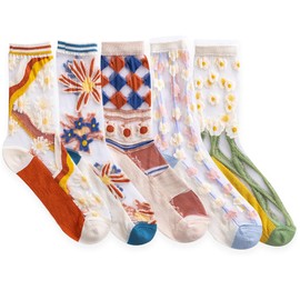 W-ZEST 5pcs Womens Sheer Socks, Summer Transparent Thin Mesh Lace Elastic Jacquard Crystal Glass Socks