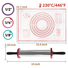 SHIKORI Rolling Pin,Adjustable Rolling Pin with Thickness Rings, Stainless Steel Dough Roller Baking Supplies for Pizza Pastry Fondant Pie Pasta-Red