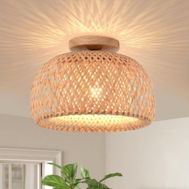 SEIHONG Bamboo Ceiling Light, Wicker Semi Flush Mount Ceiling Lighting Fixture Rattan Hand Woven Cage Boho Ceiling Lamp for Bedroom Hallway Kitchen
