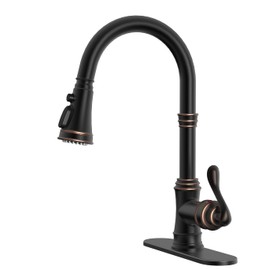 BWE Solid Brass Kitchen Faucet, Oil Rubbed Bronze Kitchen Sink Faucet with Pull Down Sprayer, 3 Spray Modes, Single Handle High Arc, with Deck Plate, Commercial/Farmhouse/Bar Sink Faucet