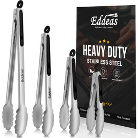 EDDEAS Grill Tongs - BBQ Tongs Heat Resistant 600 Degrees, Heavy Duty Metal, Perfect for Cooking, Grilling, Set of 4, 7",9",12" & 14 inch Black