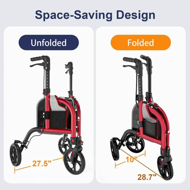 3 Wheels Walkers for Seniors, Narrow Foldable Three Wheels Rollator