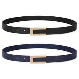 SUOSDEY 2 Pack Slim Belt for Women, Thin Leather Belt, Fashion Waist Belt for Dress, Jeans with Gold Buckle, Black and navy blue