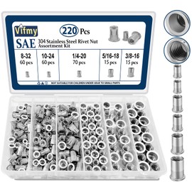 Vifmy SAE Rivet Nut Assortment Kit(220 Pcs),#8-32#10-24 1/4"-20 5/16"-18 3/8"-16 304 Stainless Steel Flat Head Rivnut Set,Rivnut Threaded Insert Nut