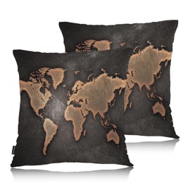 Swono World Map Throw Pillow Cases Pack of 2, Vintage Map Seven Continents Square Cushion Covers Decor Pillow Covers for Couch Sofa Home Farmhouse Decoration 18 X 18 Inches Pillowcases, Brown