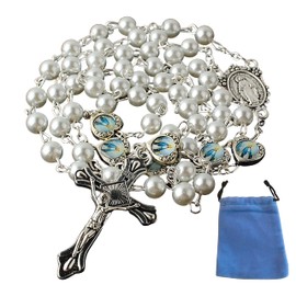 BJLA 6mm White Color Glass Pearl Rosary Prayer Beads with Heart Shape Virgin Mary Metal Bead Mystery Pendant and Virgin Mary Centerpiece Rosary - Car Rosary - with Small Velvet pouch
