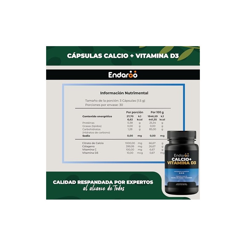 Calcio + Vitamina D3 90 Cápsulas | Con Citrato de