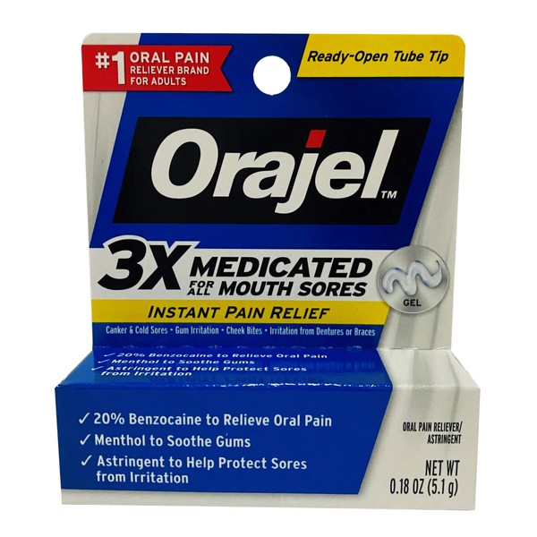 Orajel Triple Medicated Mouth Sore Gel Oral Pain Reliever, 0.18 oz each (Pack of 4)