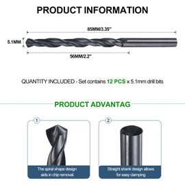 METALLIXITY Drill Bit (5.1mm) 12Pcs, 4241 High-Speed Steel Straight Shank Nitriding Black 118° for Wood Plastic Iron Copper Aluminum Low Soft Metal
