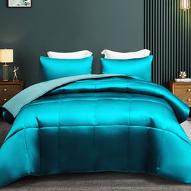 Whale Flotilla 3-Piece Reversible King Size Silky Comforter Set/Bedding Set, Luxury Soft Satin Comforter with 2 Satin Pillowcases, Lightweight Duvet Set for All Seasons, Turquoise