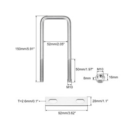 sourcing map Square U-Bolts, 3 Sets 52mm(2.05") Inner Width 150mm Length M10 304 Stainless Steel U Clamp Bolt with Nuts and Plates, for Boat Trailer