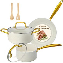 M MELENTA Pots and Pans Set Non Stick, 7 Piece White Granite Induction Cookware Set, Nonstick Kitchen Cooking Set with Gold Handle and Utensil, Oven Safe (PFOS, PFOA Free)