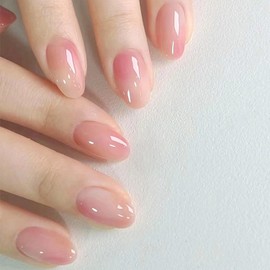 24Pcs Nude Pink Press on Nails Short Oval Fake Nails Full Cover Glossy Glue on Nails with Design Almond Shaped Acrylic Nails Gradient Pink False Nails Stick on Artificial Fingernails for Women Girls