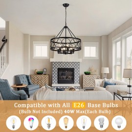 SLBWQ Black Farmhouse Chandelier, 6-Light Rustic Chandeliers for Dining Room Light Fixture, Drum Chandelier Round Pendant Light, Hanging Kitchen Island Lighting for Living Room, Entryway, Foyer