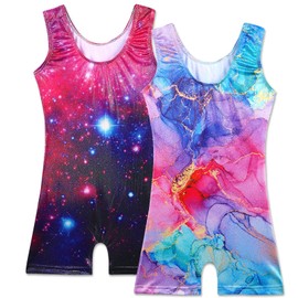 BAOHULU 2 Pack Leotards for Girls Gymnastics Toddler Dance Outfit with Shorts Sleeveless Tumbling Unitards Sparkly Tank Biketards DB406_PurpleMarble/GalaxyCat_140