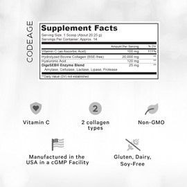 Codeage Collagen Peptides Powder with Vitamin C – 20g Grass-Fed Collagen per Serving, Digestive Enzymes, Hyaluronic Acid, 18 Amino Acids, Hydrolyzed Collagen Protein, Non-GMO, Unflavored – 9.98 oz