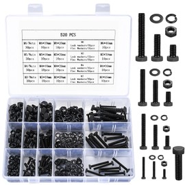 520 Pcs M3 M4 M5 M6 Hex Bolts and Nuts Set, Black Nuts and Bolts Set, Assorted Machine Screws and Spring & Flat Washers Assortment for DIY and Repair Bike Auto