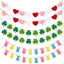 Valentines Day Decorations, 6pcs Felt Valentine Heart Garland, Versatile Hearts St. Patrick's Day Shamrock Easter Bunny Valentines Day Banner for Home, Mantel, Wall, Office, Valentines Day Decor