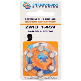 Premium Batteries Size 13, PR48, P13, ZA13 1.45V Zinc Air Hearing Aid Batteries Orange Tab (6 Batteries)