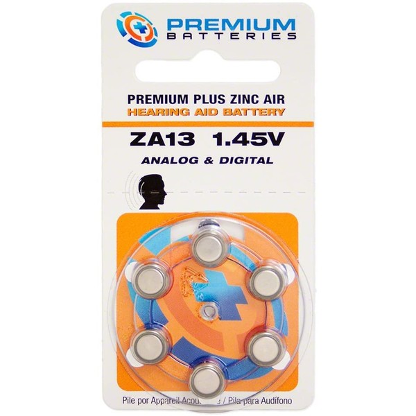 Premium Batteries Size 13, PR48, P13, ZA13 1.45V Zinc Air Hearing Aid Batteries Orange Tab (6 Batteries)