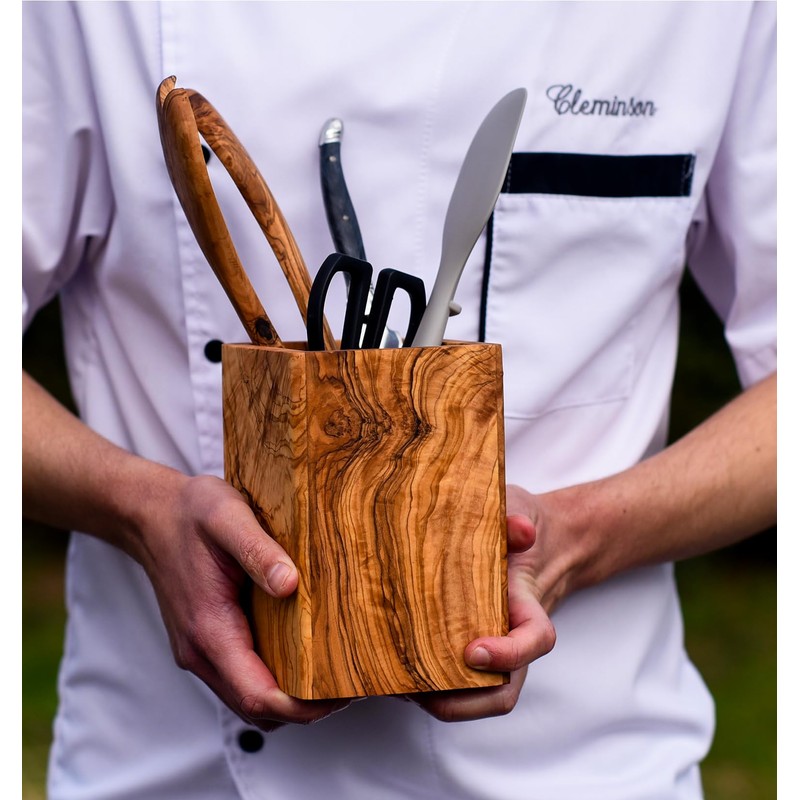 Cleminson® Handmade Olive Wood Utensil Holder | Rustic Stylish Pot