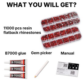 11000Pcs Red 2/3/4/5mm Flatback Rhinestones with Glue for Bedazzling Crafting Clothing Clothes Crafts Shoes Nail Art, Resin Flat Back Gems Crystals Diamonds Gemstones Jewels Stones Kit