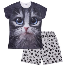 Girls Cat Blue Eyes Short Pyjamas Paw Print (11-12 Years)