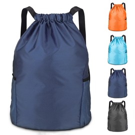 hjwanyin Drawstring Bag Waterproof Swim PE Bag Unisex Large Sports String Backpack Oxford Fabric Gym Sack for Travel Swimming School Holidays Climbing Hiking (Dark Blue)