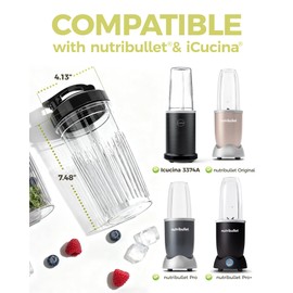 ICUCINA Replacement Blender Cups, Compatible with NutriBullet 600W/Pro 900W/Pro+, 37oz BPA-Free Tritan Smoothie Cups with Flip-Top To-Go Lids, 2-Pack Blender Accessories, Dishwasher Safe