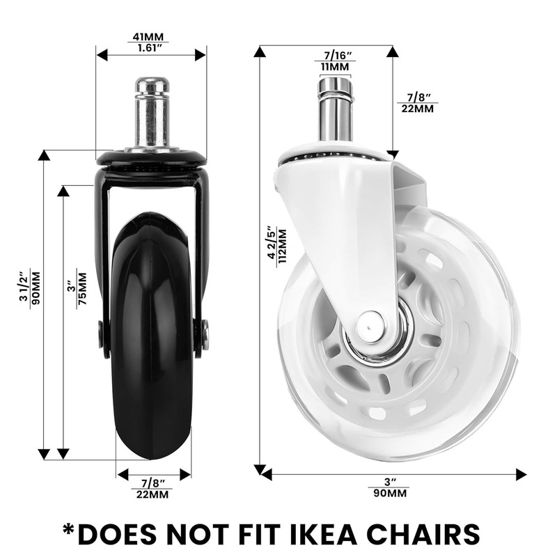 Office Chair Wheels - Set of 5 Rollerblade-Style Casters, Smooth