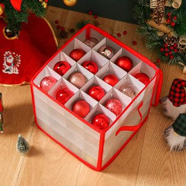 Plastic Christmas Ornament Storage Box with Zippered Closure [1-Pack], Hold 64 Christmas Balls Holiday Ornaments Holiday Ornament Storage Cube Organizer Christmas Chest with Dividers, Xmas Holiday Decoration Storage Containers with Lid (1, Red)