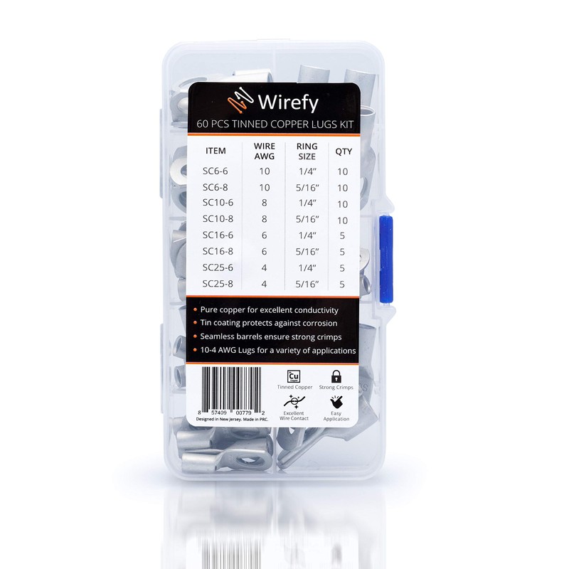 Wirefy 60 PCS Tinned Copper Wire Lugs Kit - Battery