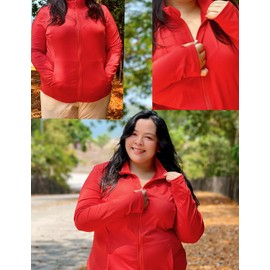 FOREYOND Plus Size Jackets for Women Athletic Workout Running Jacket Full Zip up Lightweight Yoga Tops with Thumb Holes Red 3XL