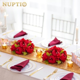 NUPTIO Peony Artificial Flowers for Centerpieces: 2 Pcs 9.4 inch Diam Red Faux Peony Flowers Fake Flower Balls Arrangement Bouquet Wedding Centerpieces for Tables Wedding Centerpiece Decorations