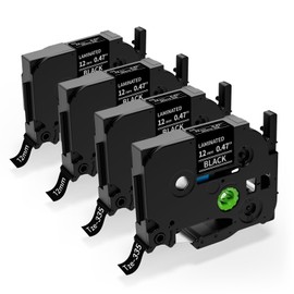 Tze-335 12mm Black Label Maker Tape Replacement for Brother P Touch Label Tape White on Black TZe TZ Tape 12mm 0.47 Laminated Black TZe335 Compatible for Brother PT-D210 PT-D220 PT-H110, 4-Pack