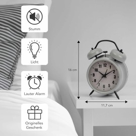 GIFTMARKET - Quiet analogue alarm clock. Double bell alarm clock, grey. Double bell alarm clock with night light. Alarm clock without ticking noise. Loud alarm 11.7 cm x 16 cm