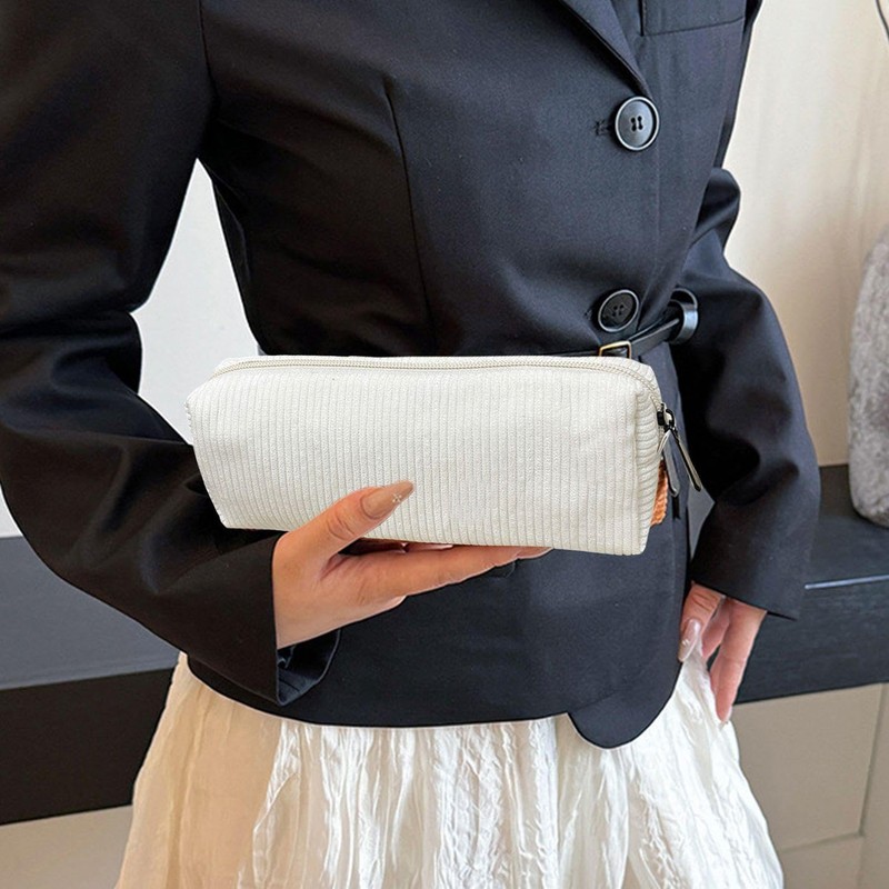 1 White Corduroy Pencil Case, Retro Pencil Case Made of