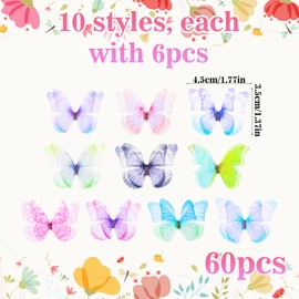60Pcs Mini Butterflies for Crafts, Organza Fabric Butterfly Appliques Colorful Double Layer 3D Butterfly Decoration for Wedding Party Hair Accessories Ornament Home Decor (10 Styles)
